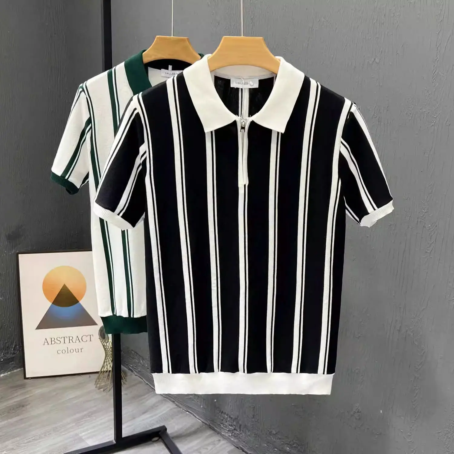 

Knitted striped short sleeved T-shirt men's Korean version trendy and slim fit POLO shirt British style