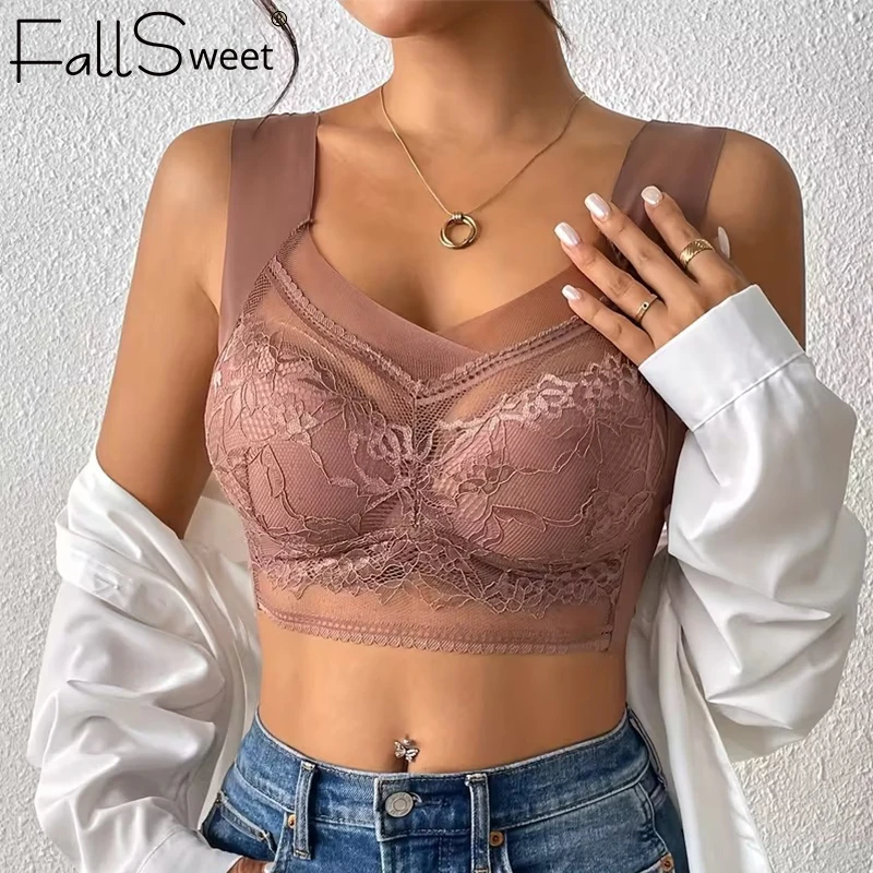 FallSweet 5 قطعة مجموعة حمالة صدر من الدانتيل للنساء من الحرير الجليدي عميق على شكل حرف V ملابس داخلية شفافة للأم مقاس كبير ملابس داخلية مريحة