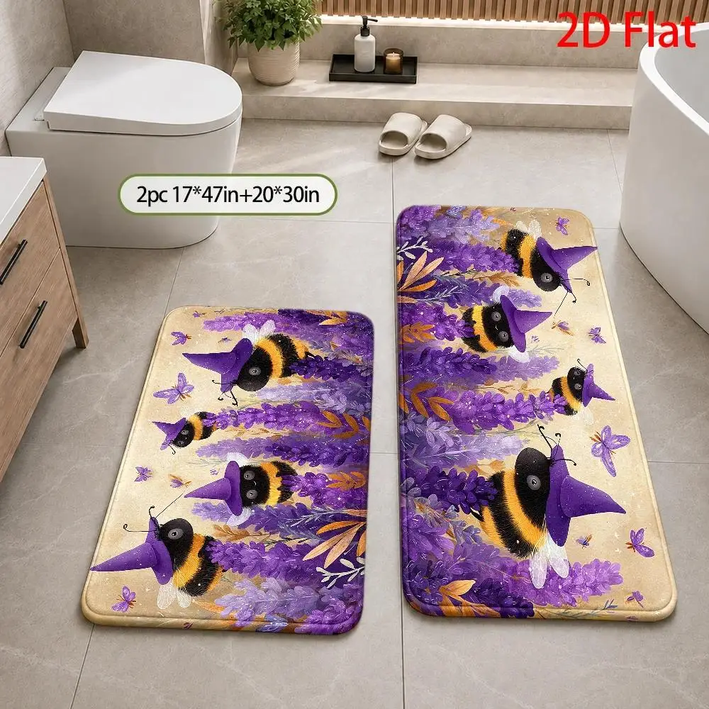 1pc, 2pcs, 3pcs, 2D Flat, Cute Witch Bee Bath Rug Sets, Lavender Field Halloween Bathroom Mat, Absorbent, Quick-Drying,, Machine Washable Decorative Floor Mat Set, Perfect for Bathrooms, Laundry Rooms, 2D Flat