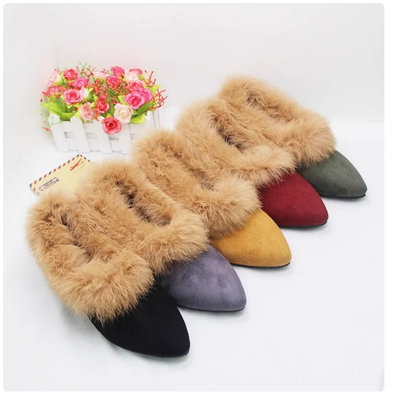 Spring and autumn winter outside to wear cashmere cotton ladle shoes single shoes women flat pointed lazy rabbit hair shoes smal