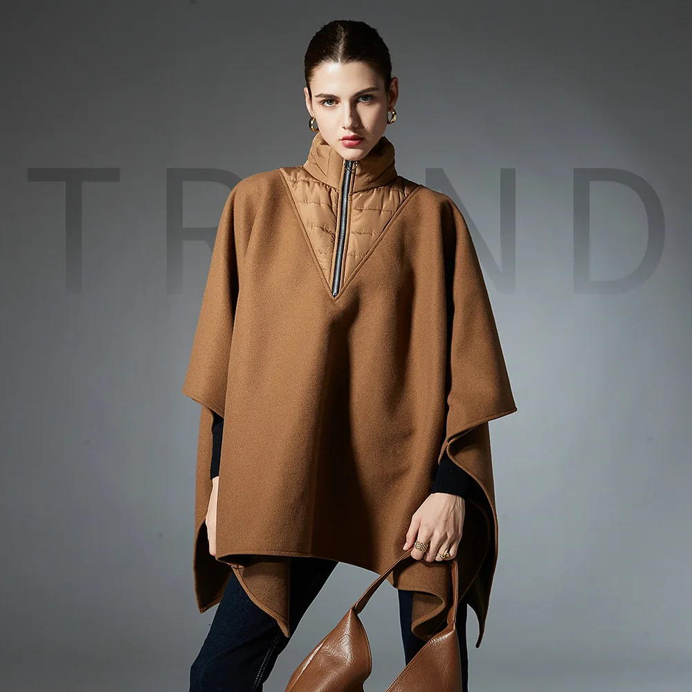 

Модный шерстяной пуловер с воротником-стойкой на молнии, пальто, накидка, элегантное однотонное пончо, женское осенне-зимнее длинное пальто с запахом