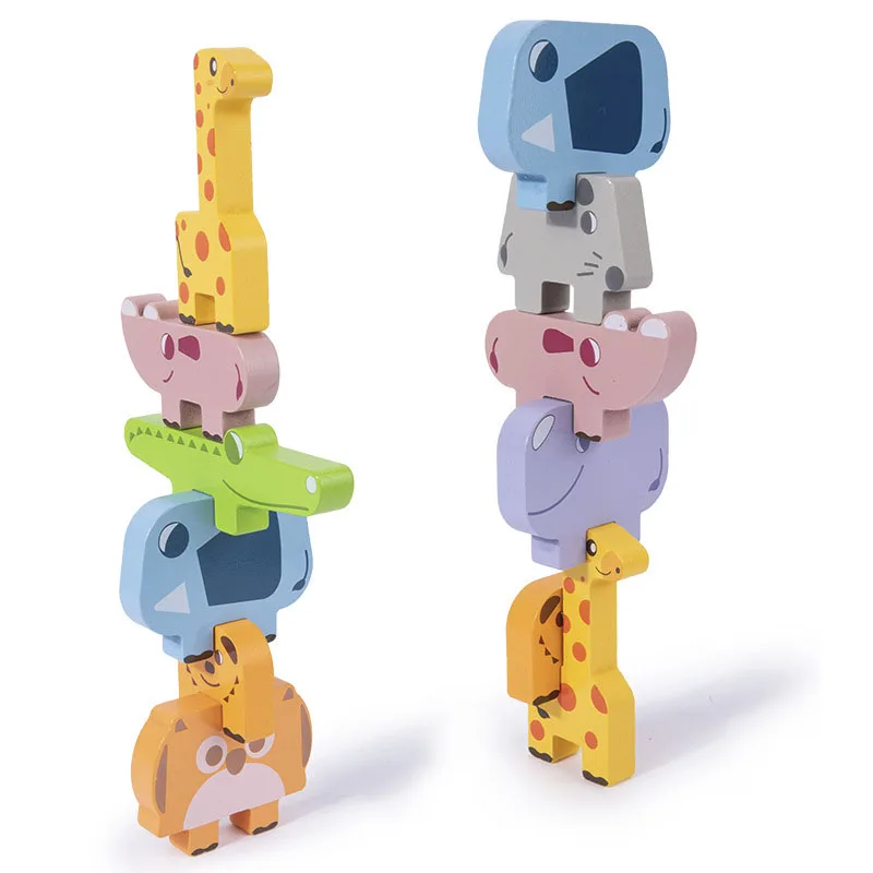 Wooden Animal Stacking Block Game Shape Matching Puzzle Balance Toy Montessori Fine Motor Training Educational Toys For Children