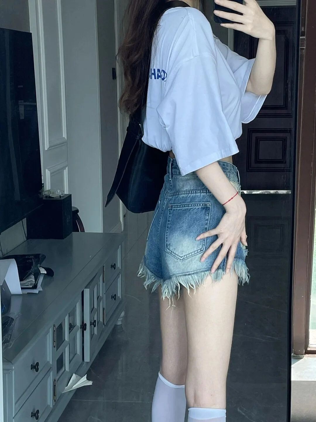 

High Waist Short Jeans Women's Summer Thin Style Chic Frayed Hem plus Size Slimming Retro Korean Style Hot Pants