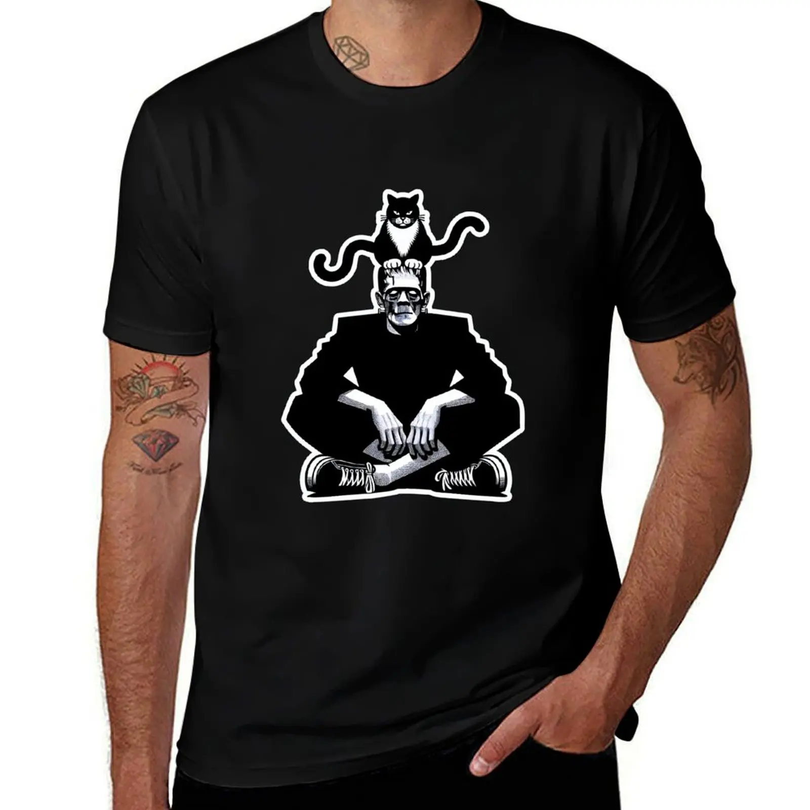 

Frankenstein with a cat on his head T-Shirt t shirt custom print t shirts for man graphic funny