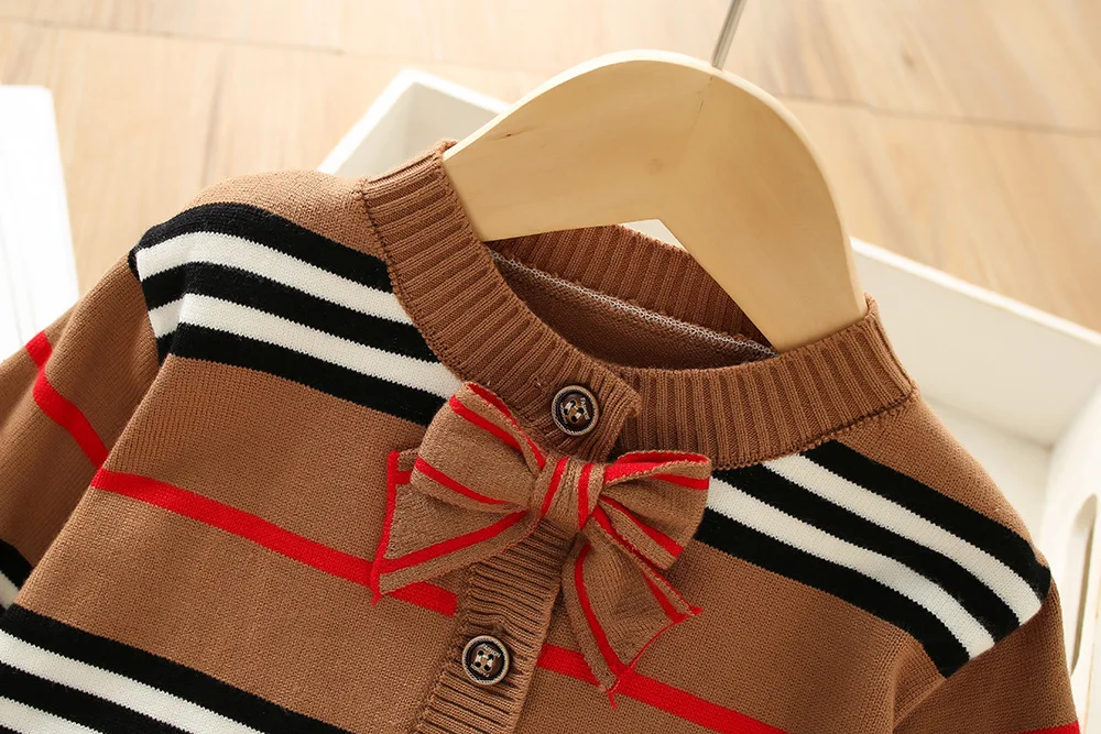 Winter Baby Girl Striped Sweater Set 2023 Girls Toddler Fashion Bow Knitwear Sets Kids Long Sleeve Extra Thick Sweater Clothes