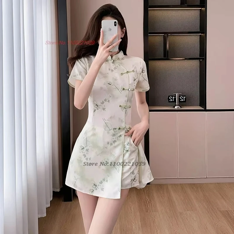 

2025 chinese nightclub dress national flower print improved cheongsam+shorts oriental banquet dress hotel spa work dress qipao