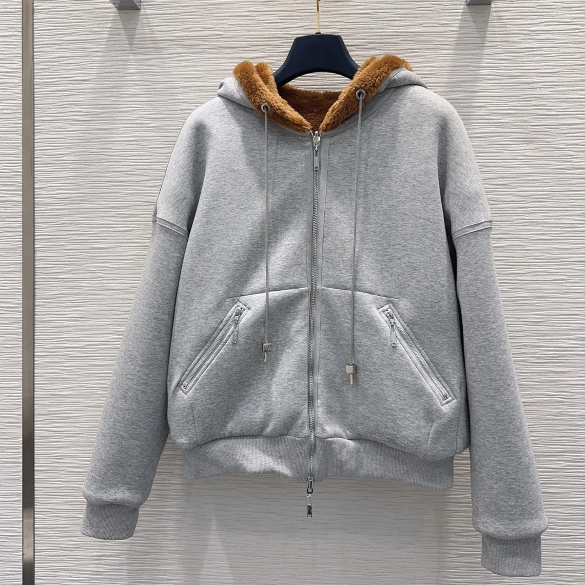 High Quality Fleece Lined Hooded Zip Sweatshirt Set Women Loose Cropped Jacket Wide Leg Trousers 2 Piece Outfit lyt2610906