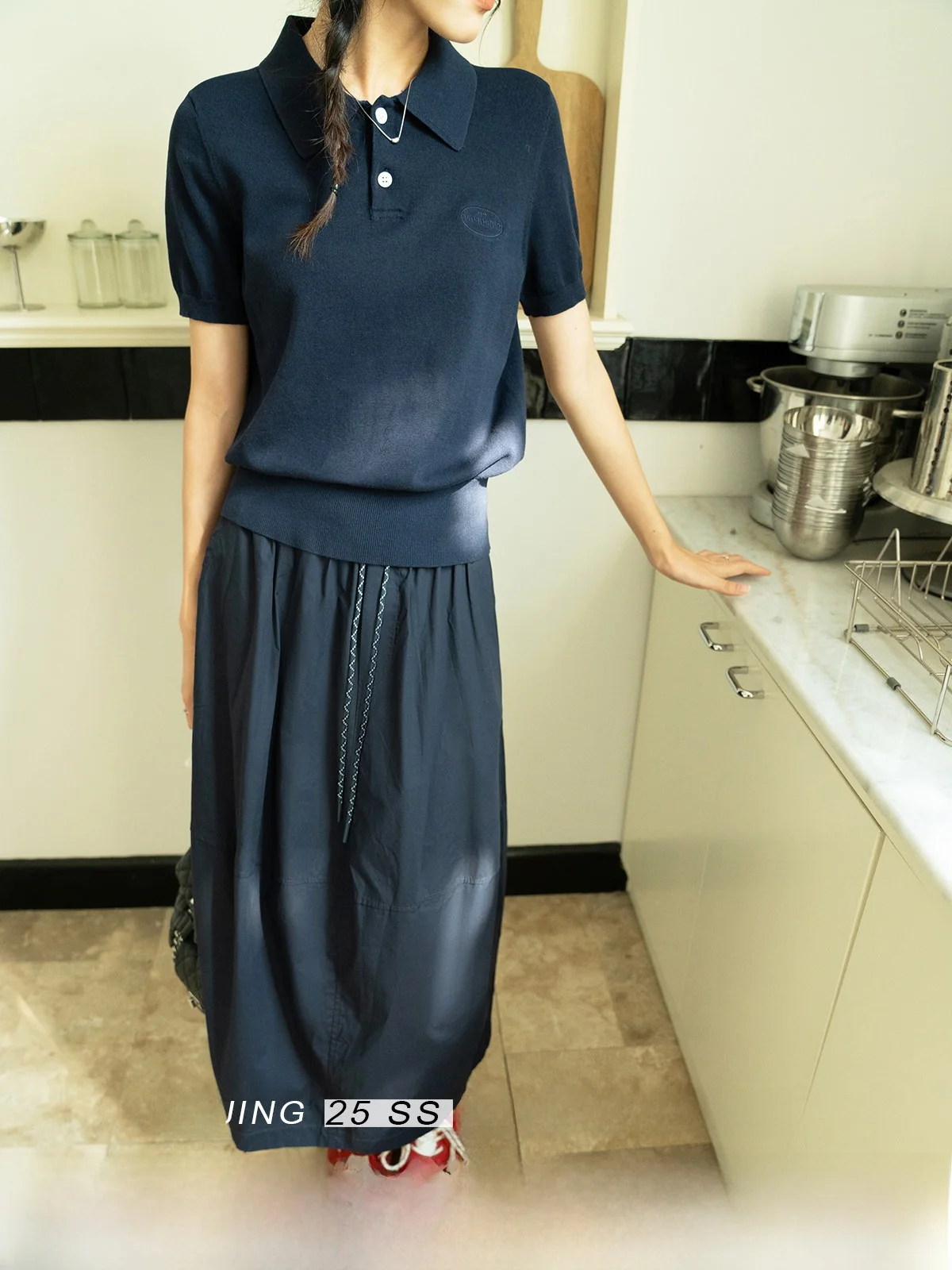 

Deep Blue High Waist A-Line Skirt Women's Faion Spring Summer New Sle Slimming Long Skirt Elastic Waist Design