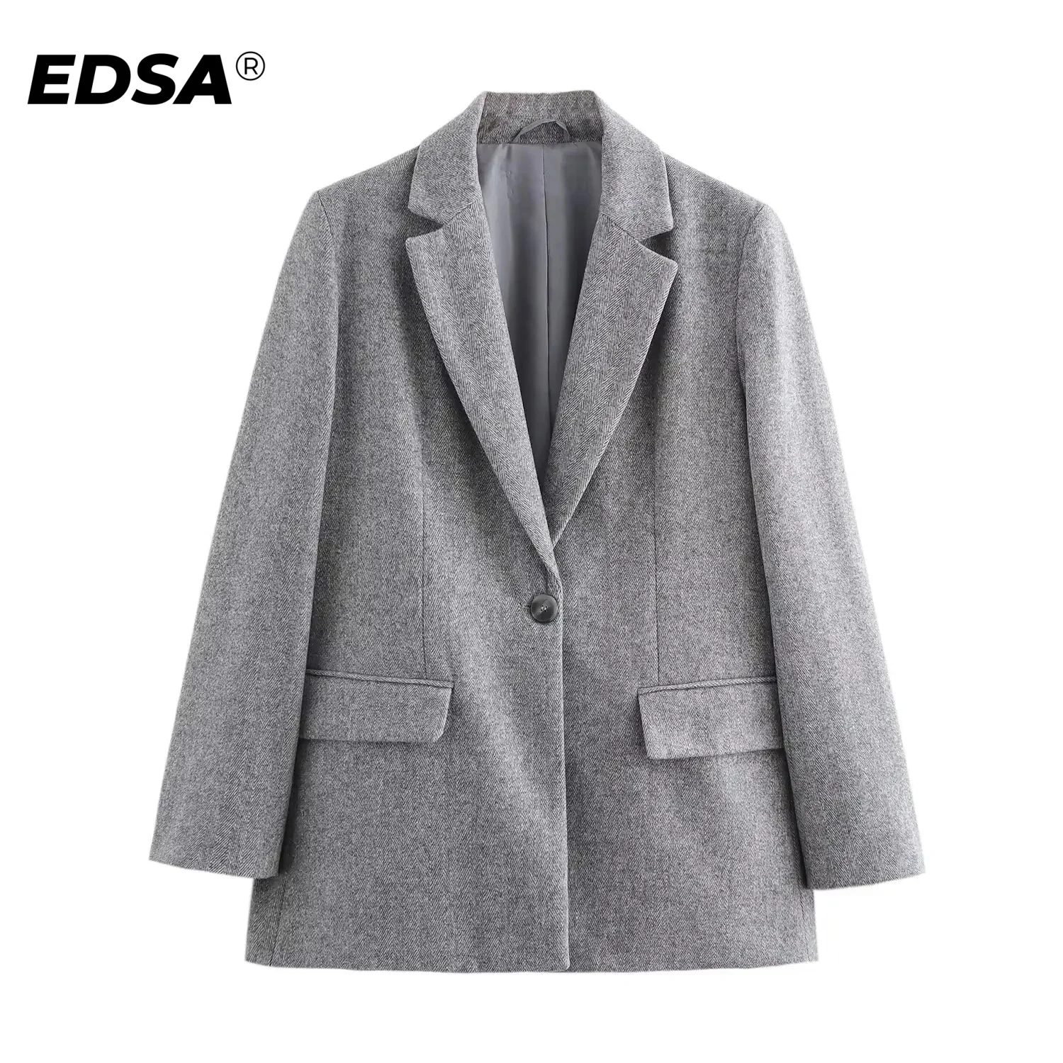 EDSA Women Herringbone Wool Blend Blazer with Flap Pockets for Office Lady Single Button Long Sleeves Jacket Outerwear