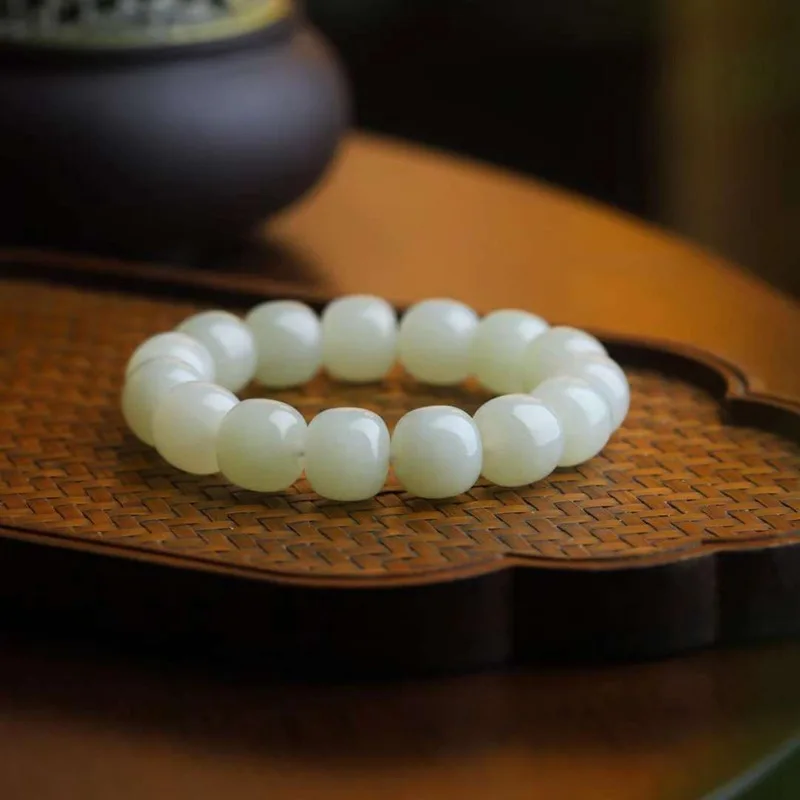 Natural Hetian Jade Qinghai Material Old Style Plain Bead Bracelet
