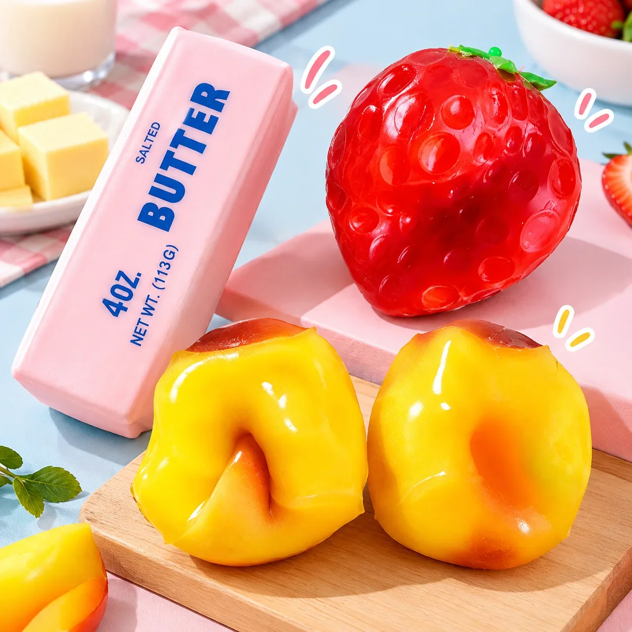 Butter Stick Strawberry Pudding Squishy Fidget Toy Set Blocks Filled ASMR Crunchy Squeeze Stress Relief Sensory Toy Adults Gift
