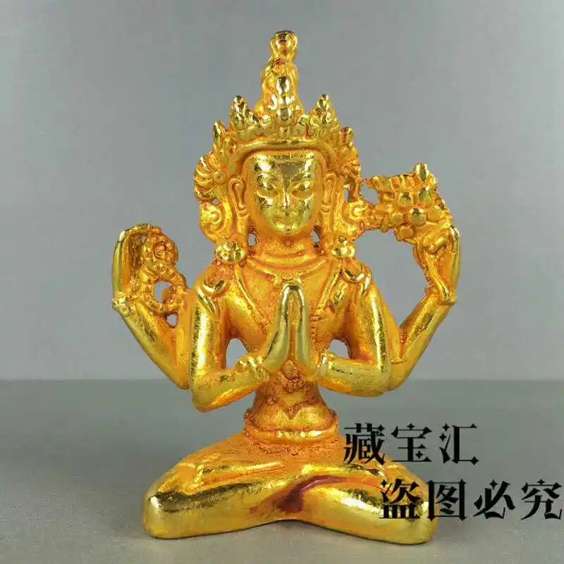 Old Collection Resurfaced Treasures Copper Gilded Four Armed Guanyin Statue Tibetan Tantric Avalokitesvara Bronze Ornament