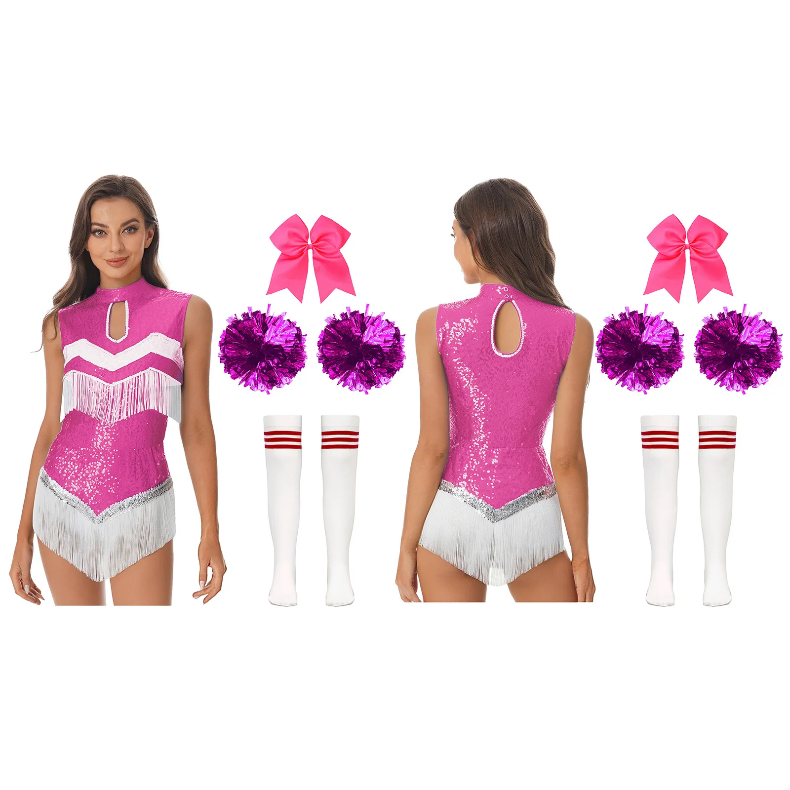 

Schoolgirl Women Cheering Dance Fringe Bodysuit with Bowknot Hair Loop Flower Balls And Stockings Cheerleading Performing Suits
