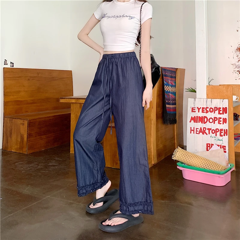 2026 Wide Leg Pants Women's Deep Blue Casual Straight Cut Trousers with Wood Grain Edges Spring Long Trousers Simple