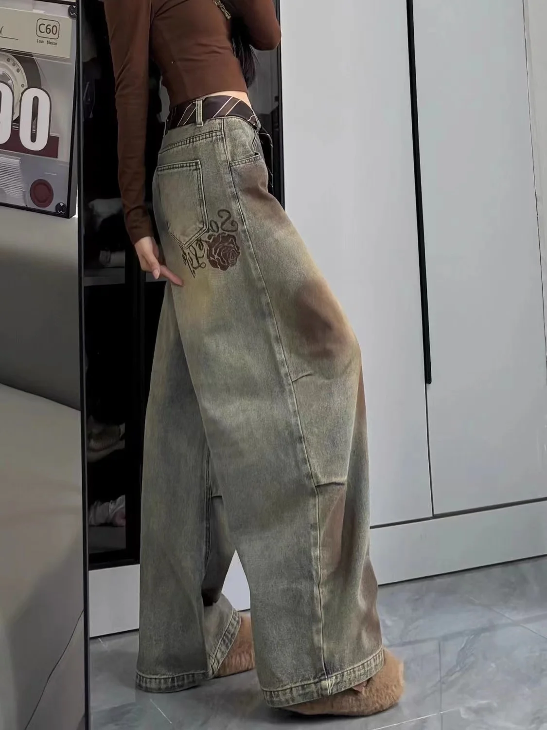 Vintage Y2K Gothic Baggy Jeans Haftowane spodnie dżinsowe z szerokimi nogawkami Streetwear Aesthetic Trousers dla mężczyzn