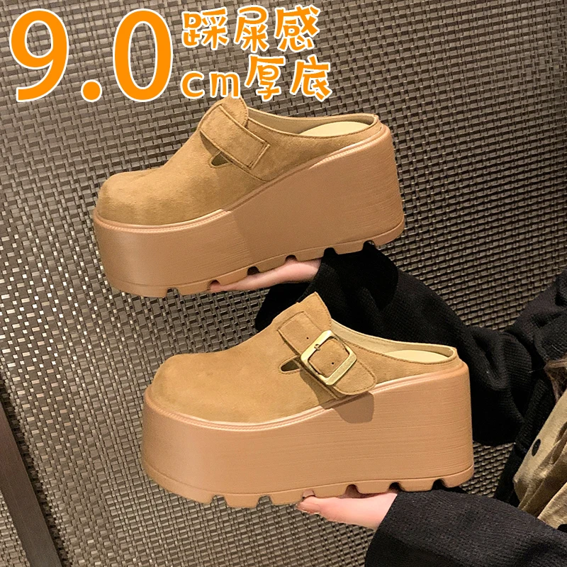 2025 New 9cm Women's Platform Heel Mules Casual Buckle Shoes Closed Toe Backless Slip On Walking Increase Height Wedge Slippers