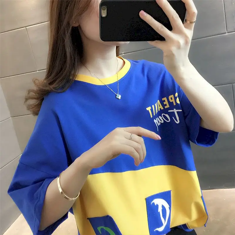 100% Cotton Womens Tshirt Summer Short-sleeved 2024 New Loose Half-sleeved Tops Color-blocking T-shirt Design Sense Tshirt Women