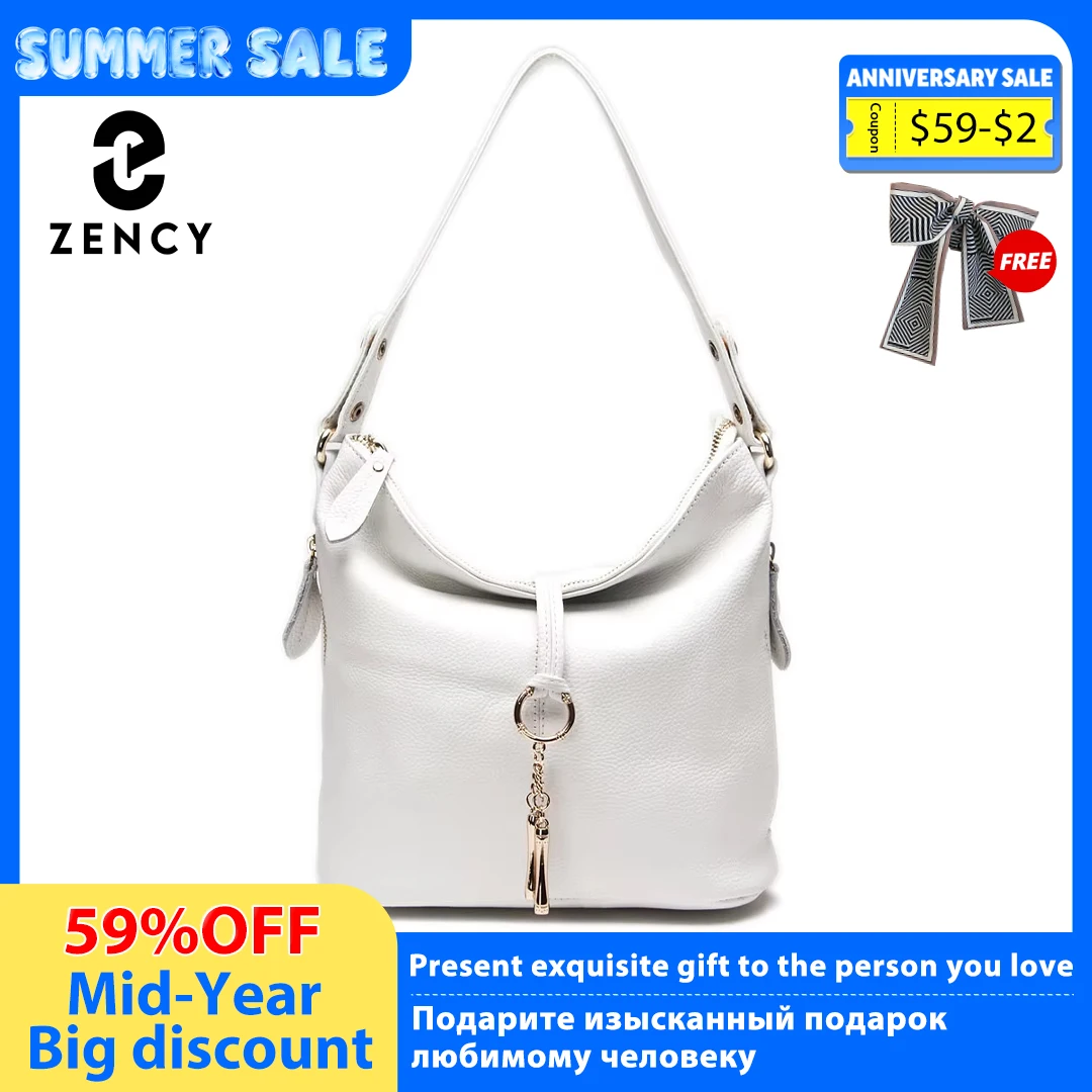 Zency New Fashion Women Shoulder Bag Metal Tassel 100% Genuine Leather Lady Crossbody Messenger Elegant Gift Handbag Black White