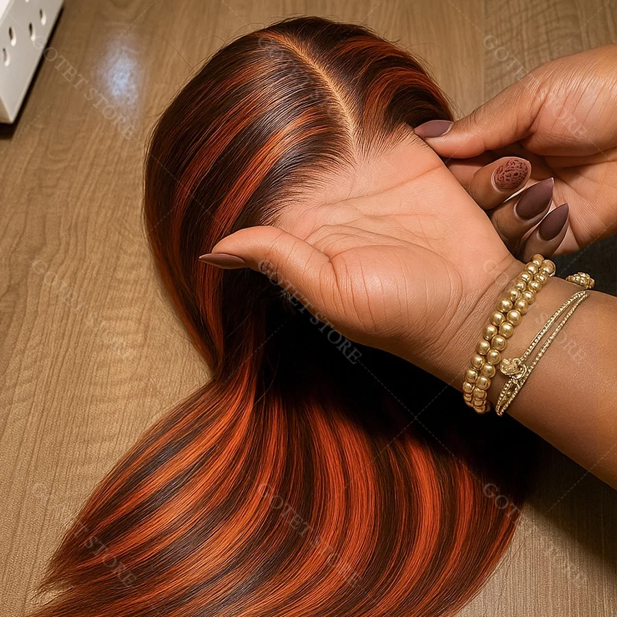 Pelucas rectas de jengibre ombré con hueso marrón, cabello humano # 4/350 Sin seda Sin pegamento Pelucas destacadas Pelucas sin cola frontales de encaje 5x5