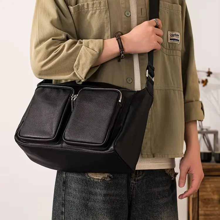 Vintage casual high-quality genuine leather men's multi-pocket crossbody bag handmade cow leather large-capacity shoulder bag