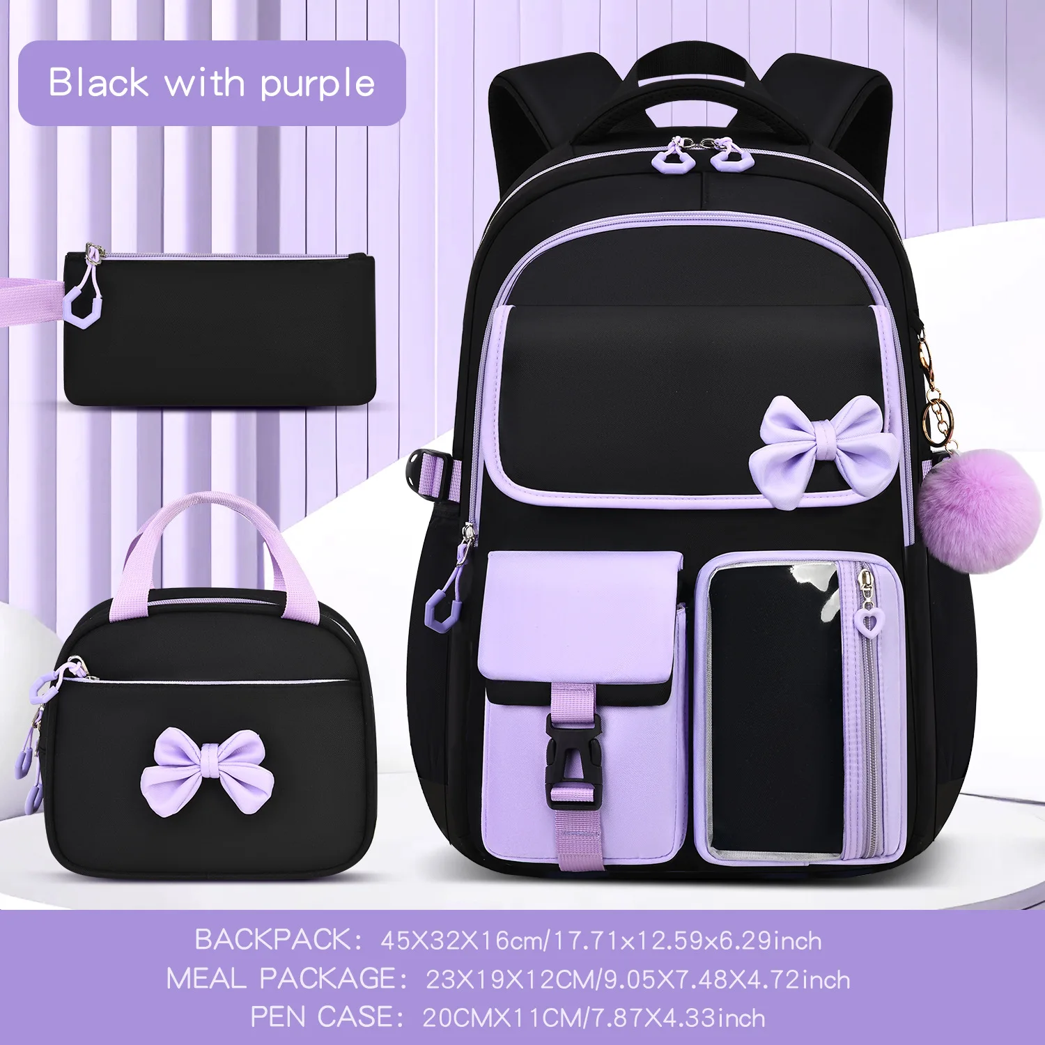 GC Three-piece School Bag Set Casual with Pen Bag Students Schoolbag Durable with Lunch Bag Large Capacity bow Backpack book