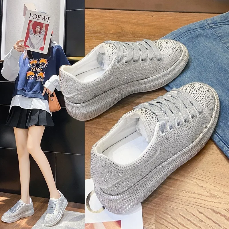 

High-quality Thick-soled Round-toe Lace-up Rhinestone Fashion Versatile Comfortable Anti-slip Breathable Casual Women's Shoes