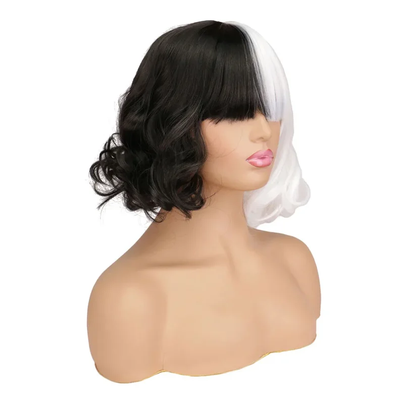 2025 nueva película Cruella pelucas cortas para Halloween Cosplay mujeres pelo sintético blanco negro + gorro de peluca ★ AA9X