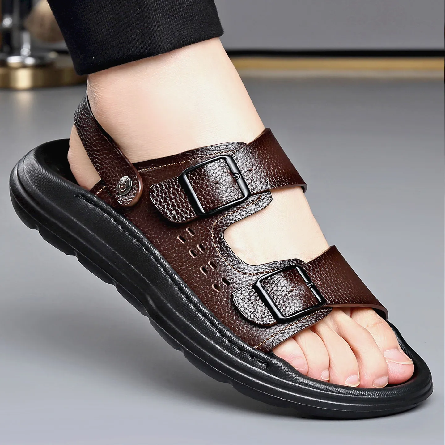 

First Layer Cowhide Men's Sandals Genuine Leather Summer Breathable Non-slip Casual Cool Slippers Wading Beach Shoes Men's