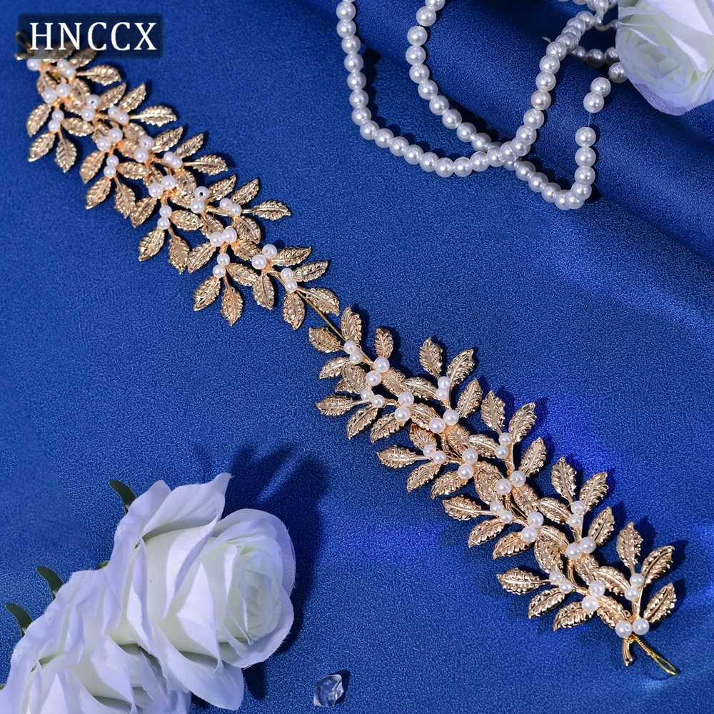 HNCCX Bridal Gold Color Headpiece  Alloy Leaf Pearl Wedding Headband Woman Bridal Hair Accessories Banquet  Headdress CP353