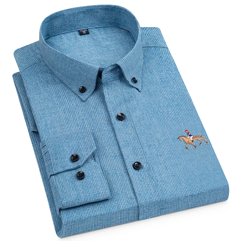 

Ice Slik Men's Dress Shirt Long Sleeve England Style Non-iron Horse Embroidery Solid Soft Wrinkle Slim Fit Button Shirts Man