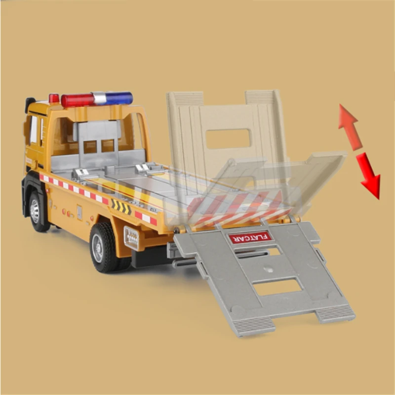 1/32 Alloy Traffic Road Rescue Car Model Diecast Metal Engineering Trailer Truck Wrecker Car Model Sound and Light Kids Toy Gift