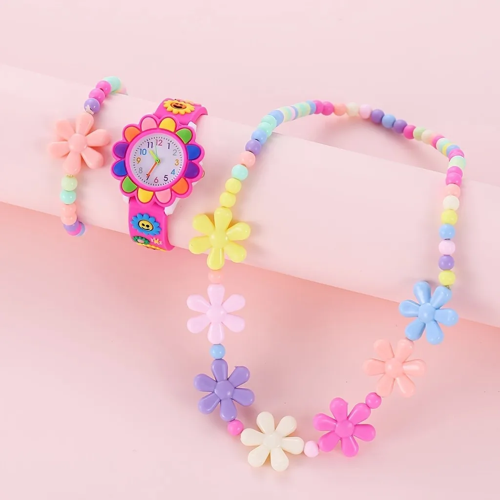 Kegllect Fashionable Children's Sunflower Watch Cute Cartoon Pattern Sunflower Watch Small Daisy Bracelet Set