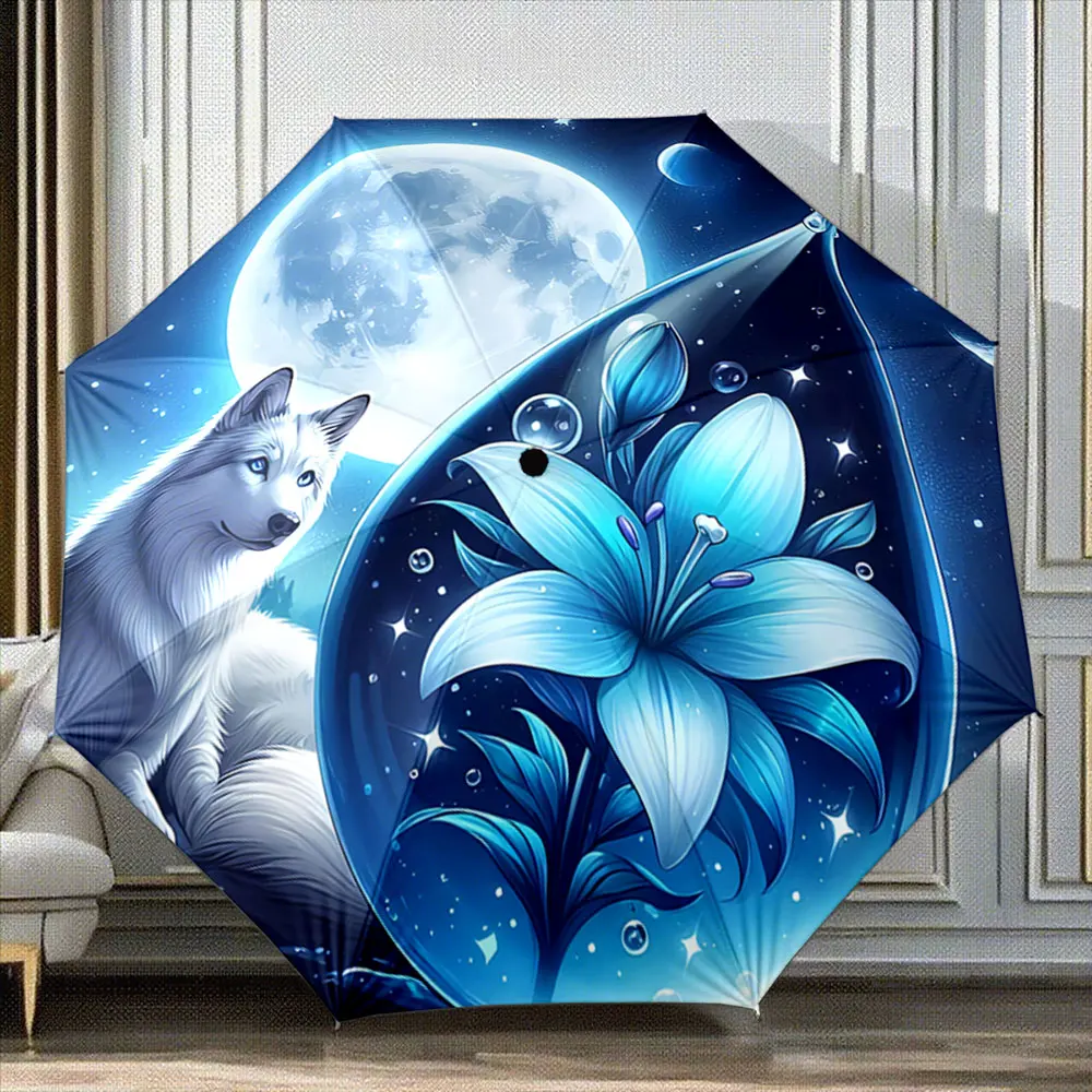 „Mondlicht-Wolf mit blauer Lilie und Sternenhimmel-Motiv“ – tragbarer, zusammenfaltbarer Regenschirm, ein Geschenk für Familie und Freunde.