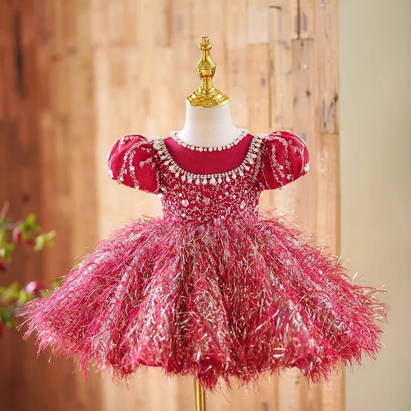 

2025 Princess Ball Gown Dress Kids Sequin Backless Flowers Girls Dresses For Weddings Sequin birthday Party Evening Dress