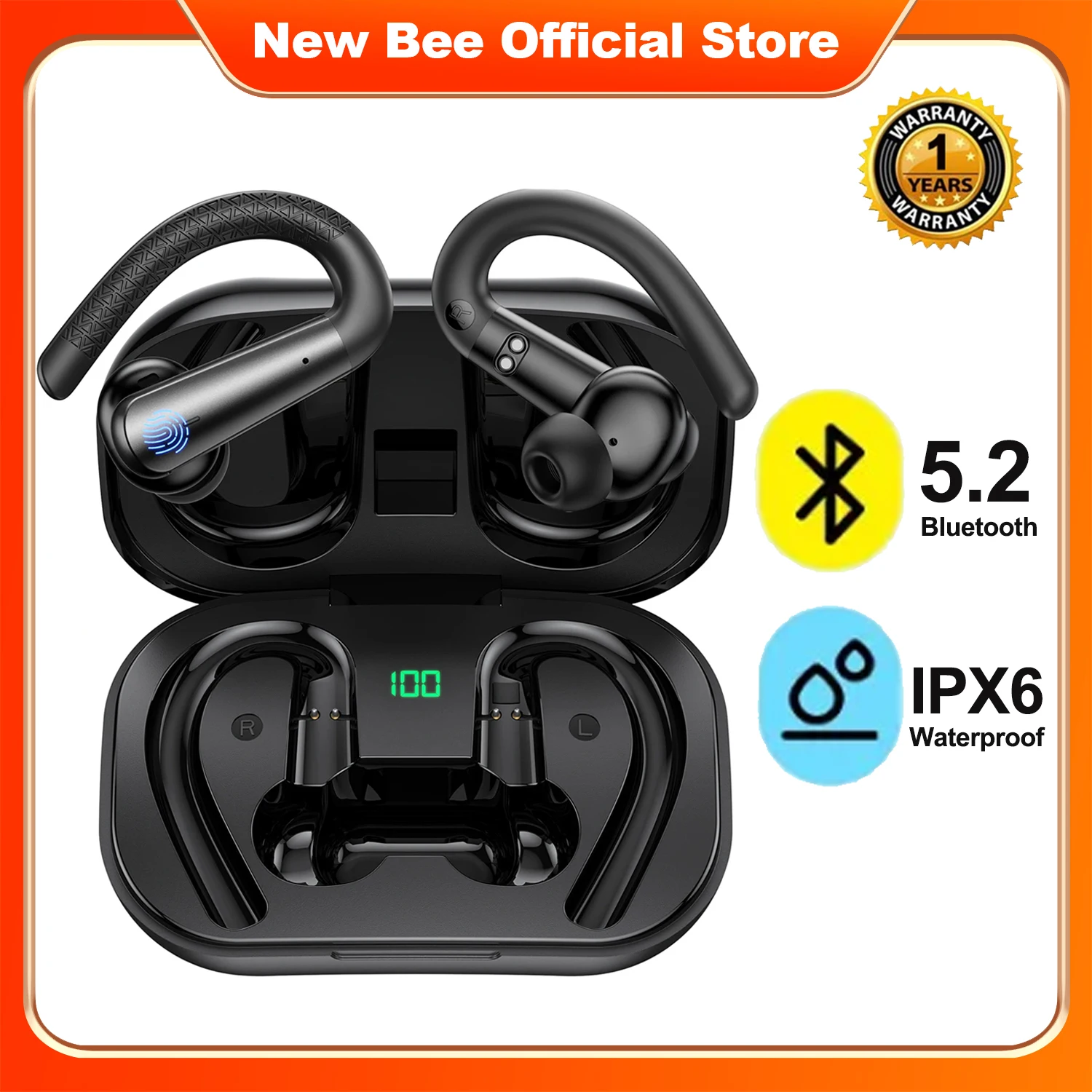 New Bee X13 Wireless Bluetooth Earbuds IPX6 Waterproof Sport Earphones TWS Ear Clip Handsfree Running Headset with LED Display