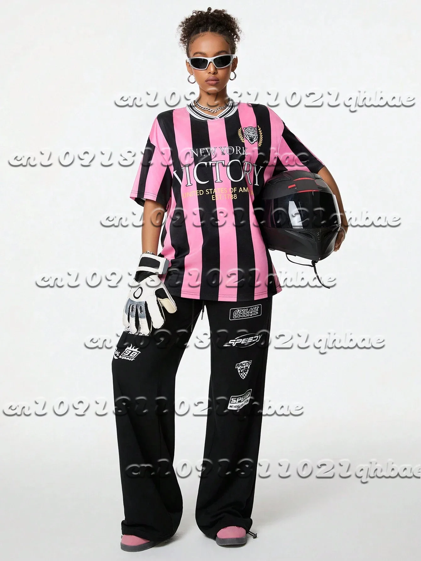 Fußball-T-Shirt mit V-Ausschnitt, gestreift und rosa Muster, modisches, kurzärmeliges, atmungsaktives, schnell trocknendes, lässiges T-Shirt-Oberteil für Damen