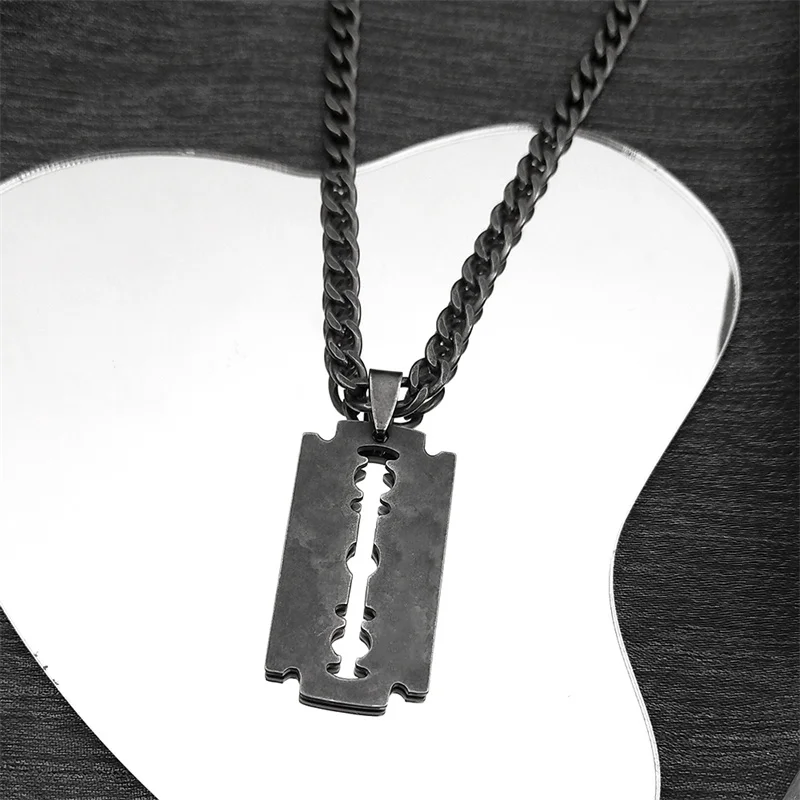 Punk Rock Blade Razor Shape Pendant for Women Men Stainless Steel Black Color Cool Boy Male Chain Necklace Jewelry N913S06
