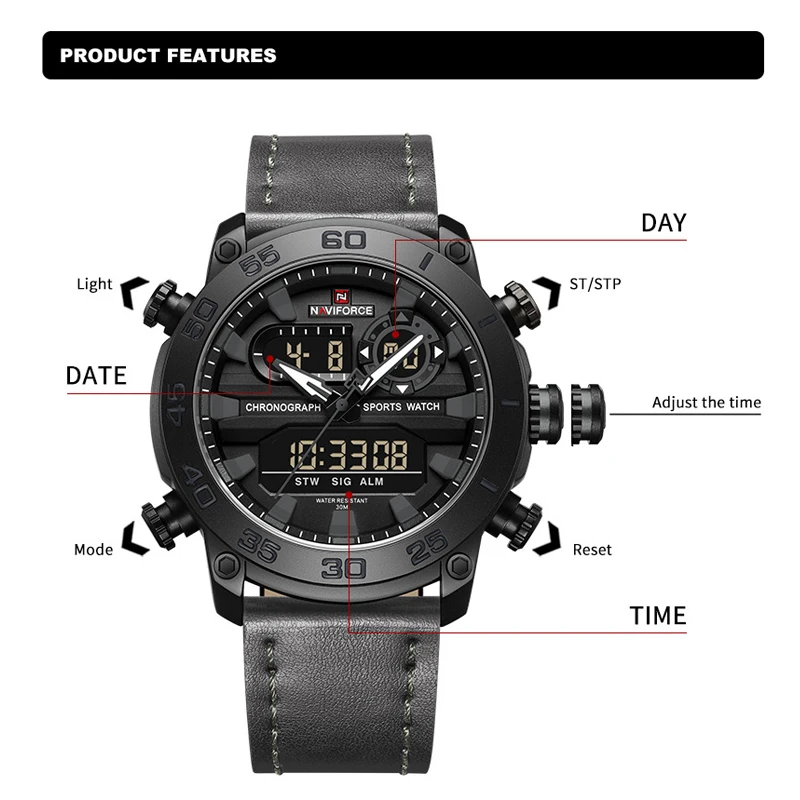 Top Brand NAVIFORCE LCD Display Fashion Quartz Male Watches Business Office Clock Waterproof Mens Wrist Watch Give for Man Gift