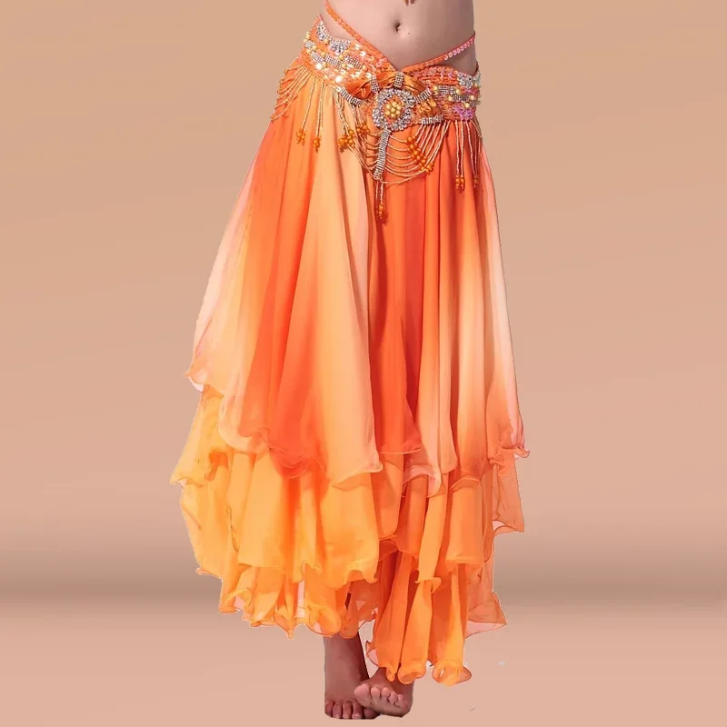 

Belly Dance Skirt Simulation Silk Gradient Color Three-layer Skirt Women's Dance Performance Practice Clothes Big Swing Skirt