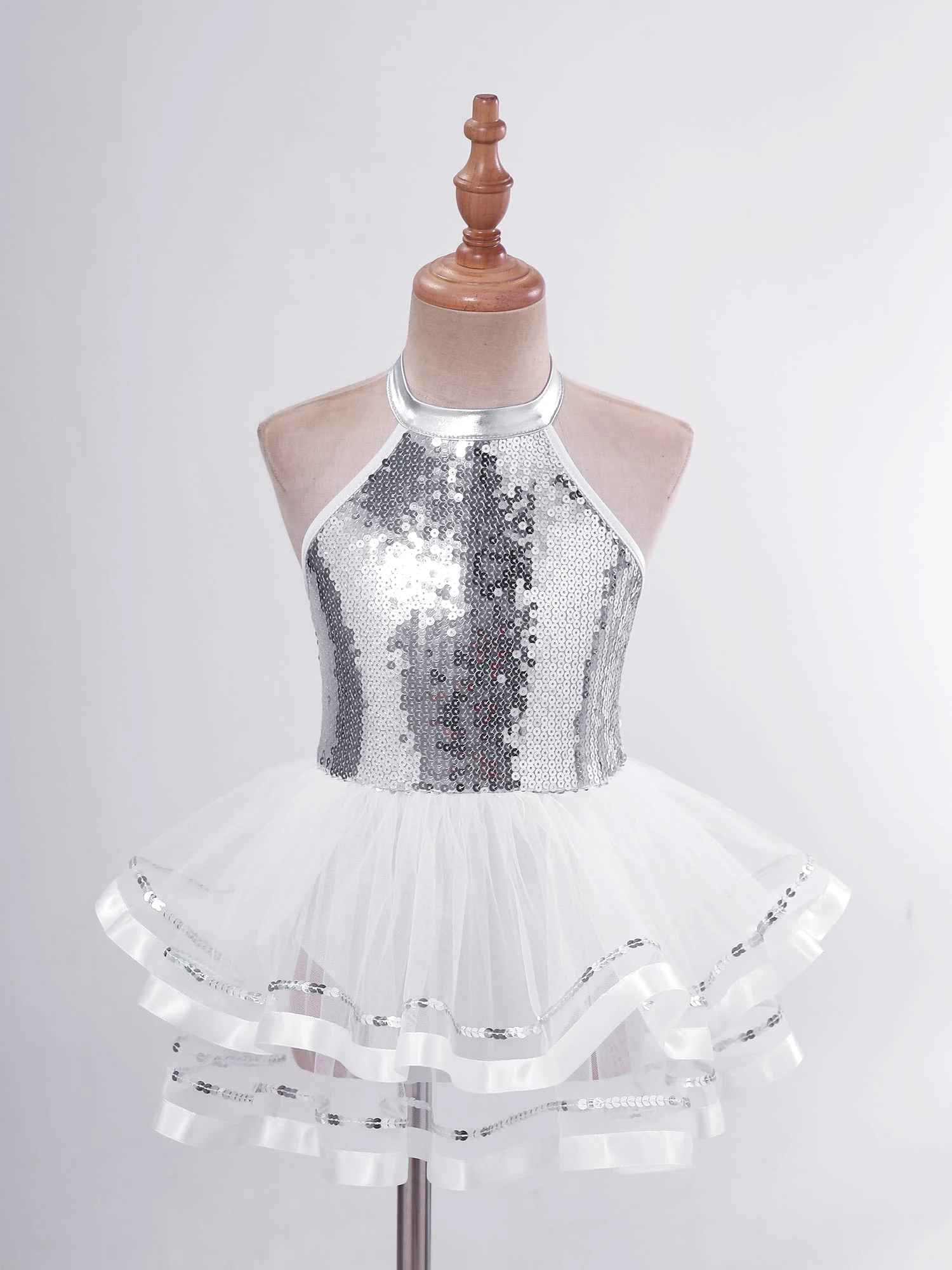 Kids Girls Ballet Tutu Dress Jazz Dance Costume Shiny Sequins Sleeveless Hollow Back Tulle Mesh Leotard Dress Stage Performance