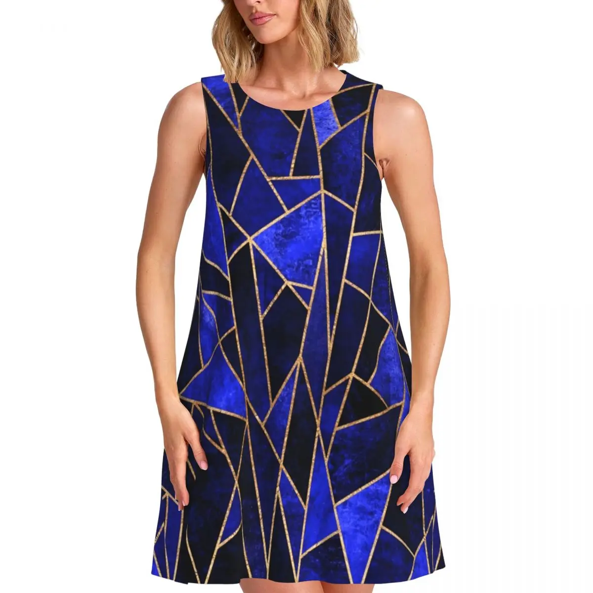 Blue Geometry Casual Dress Gold Line Print Simple Dresses Summer Print Pretty Dress Cheap Sleeveless Vestidos Plus Size