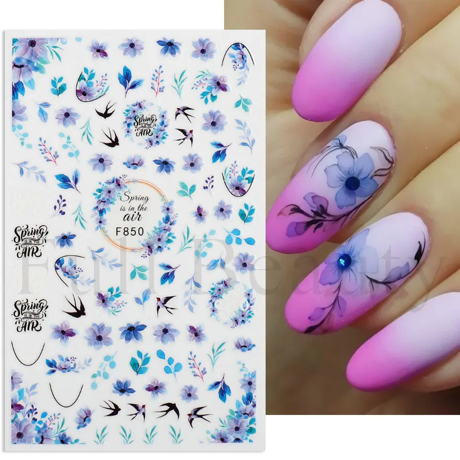 Spring Flower Nail Stickers Slider 3D Blue Leaves Daisy Bird Manicure Decal Watercolor Floral Design Nail Decoration NLF844-853