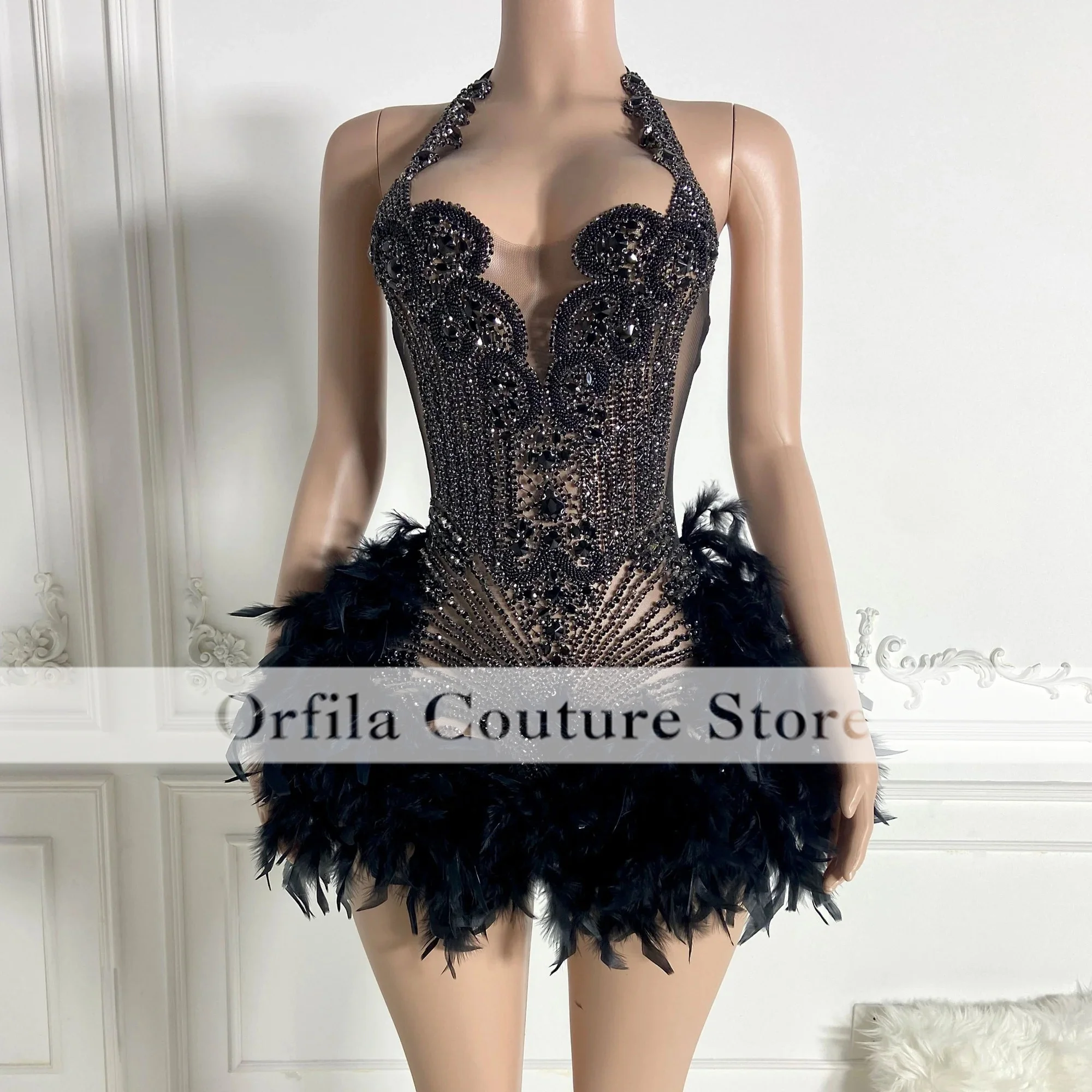 Sexy Black Girl Short Prom Dresses Customized Pink Halter Neck Silver Crystals Women Feather Cocktail Gowns For Birthday Party