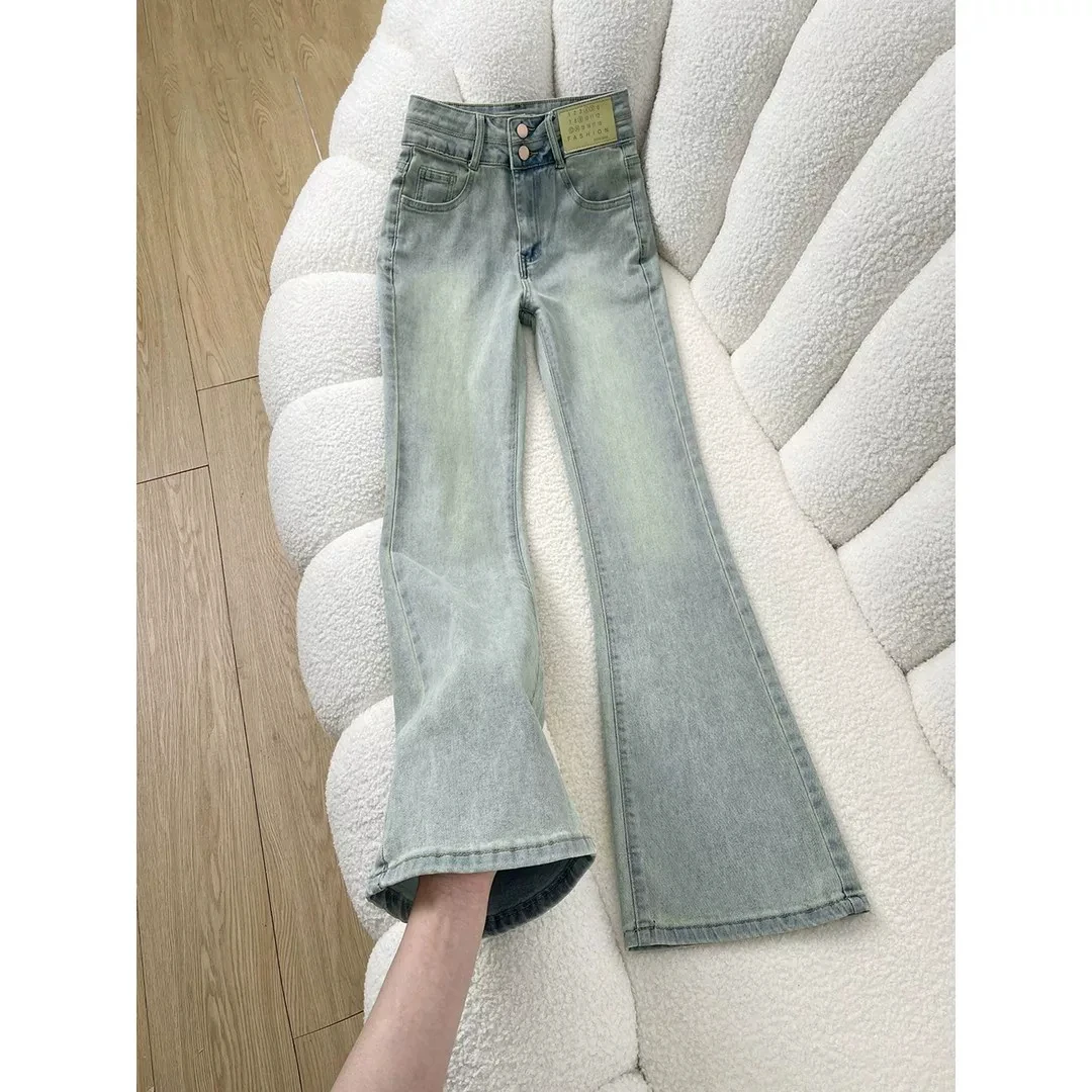 Light Blue Double Buckle Bell Bottom Jeans Women's High Waist Stretch Slimming Versatile Cotton Denim High Rise Flared Pants