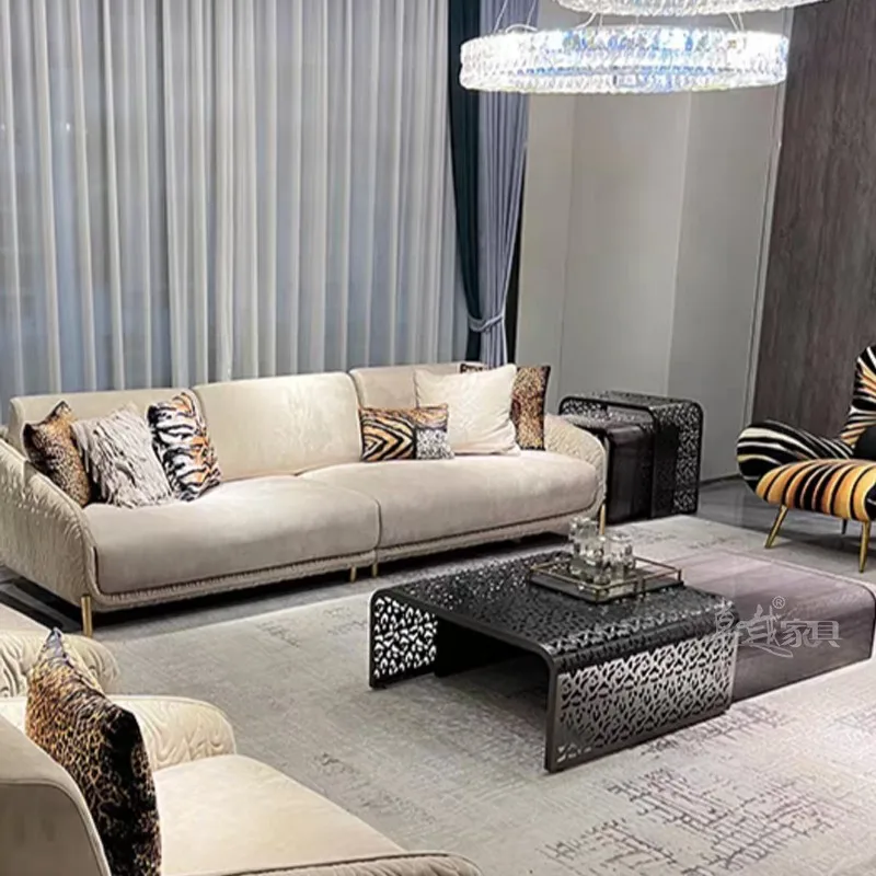 Retractable coffee table light luxury high-end living room home design metal hollow edge table combination