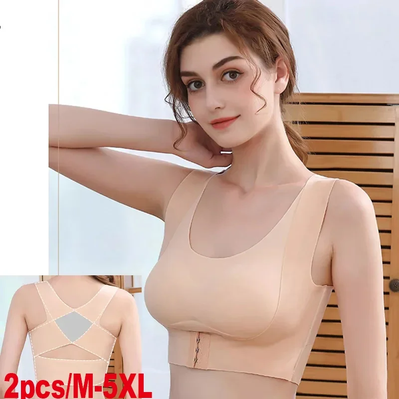 VIP 2pcs/M-5XL Women Sports Bras For Women Push Up Bra Posture Corrector Bralette Front Closure Female Underwear Cross Back Tops