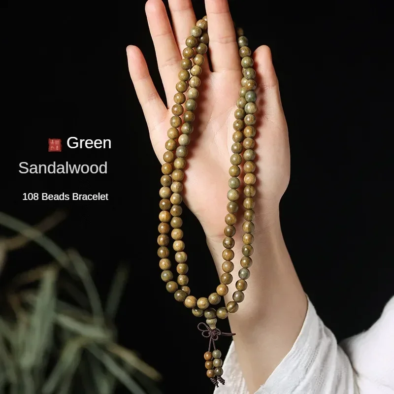 ไม้จันทน์สีเขียวสร้อยข้อมือลูกปัดพุทธ Knot Rosary สร้อยข้อมือ 108 ลูกปัดไม้จันทน์สีทอง Rosewood