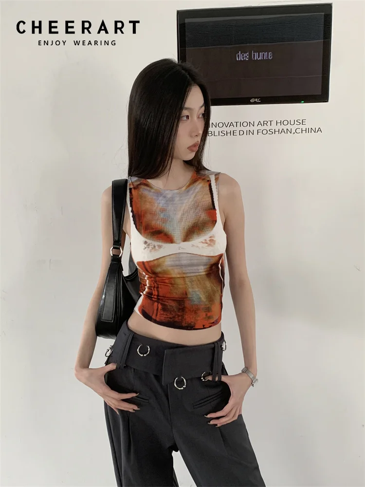 CHEERART Pixelate Illusion Cyber Y2k Summer Tank Top Women Grunge Clothes Fashion Sleeveless Sexy Crop Top Clothes