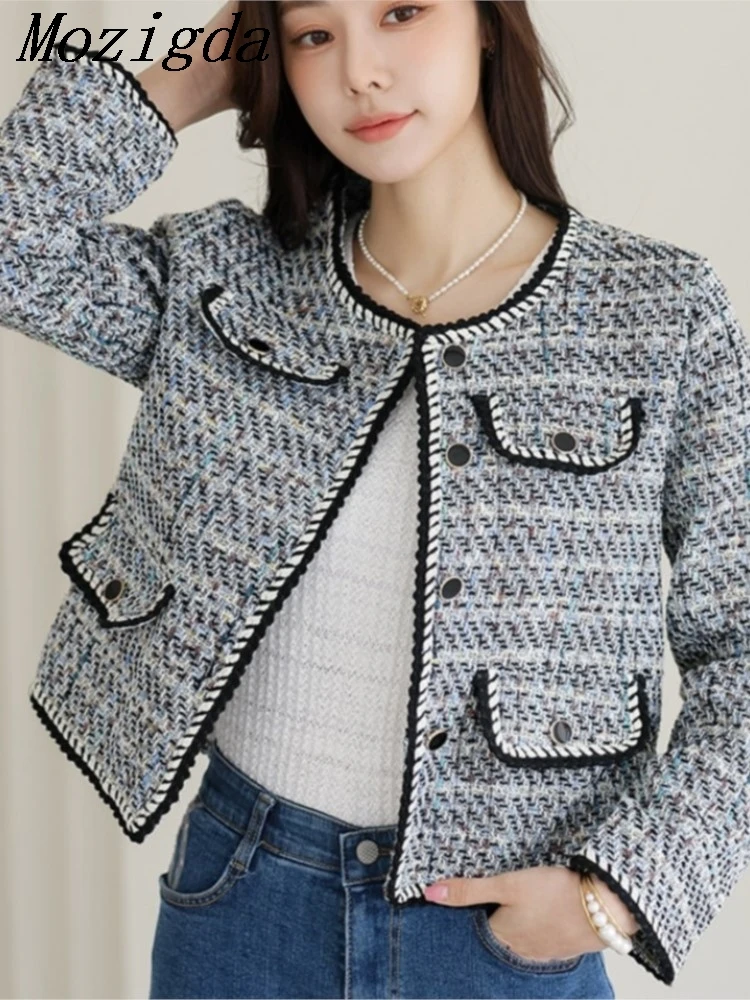 

Spring Autumn Women Jackets New Temperament Round Neck Plaid Coarse Wool Round Neck Plaid Blue Black Fragrant Ladies tops Coat