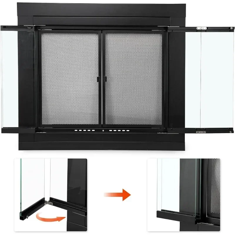 Fireplace Glass Bi-fold Style Door, Black Finish, Medium, Decorative Fireplace Screen Door for Fireplace Accessories